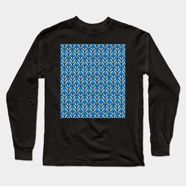 Art Deco Pattern no 36 - Blue - BOHO Feather Pattern Long Sleeve T-Shirt by Millusti
